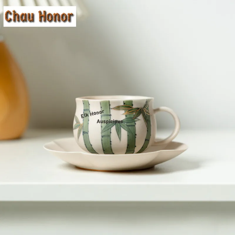 130ml Hand-painted Bamboo Forest Petal Coffee Mug With Plate Beer Cup Afternoon Tea Mug Cup Saucer Kit Drinkware Decoration Gift