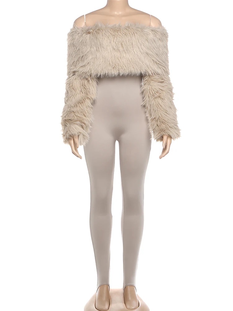 Nibber Peach Buttocks Sexy Fashion Jumpsuits Woman Winter Style Furry Patchwork Slash Neck Full Sleeve Skinny Street Overalls