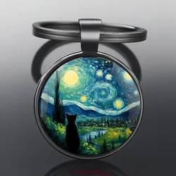 Elegant Van Gogh Art Glass Dome Keychain - Handmade Metal Key Ring Gift (WHITE)