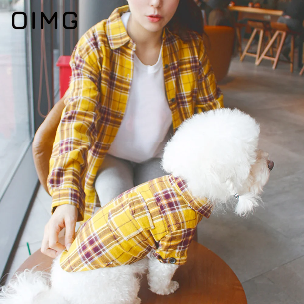 OIMG Spring Summer Thin Pet Parent-child Outfit Schnauzer Bichon Yellow Plaid Small Medium Dog Shirt Pet and Owner's Clothes