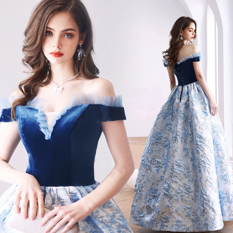 

Женское вечернее платье-трапеция SSYFashion, роскошное синее платье с вырезом лодочкой, элегантное банкетное платье для торжевечерние и вечеринок