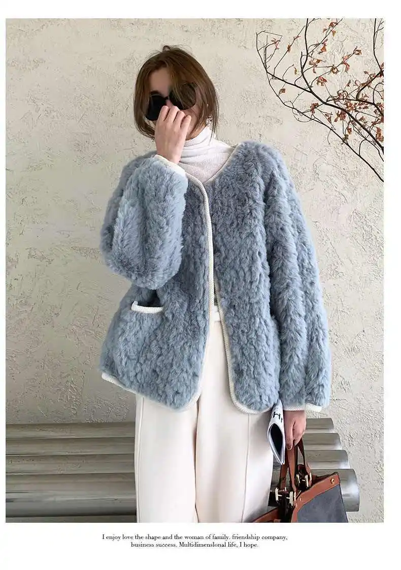 

Haze Blue White Loose Lamb Wool Coat Women's 2023 Autumn/Winter Fur One Piece Jacket