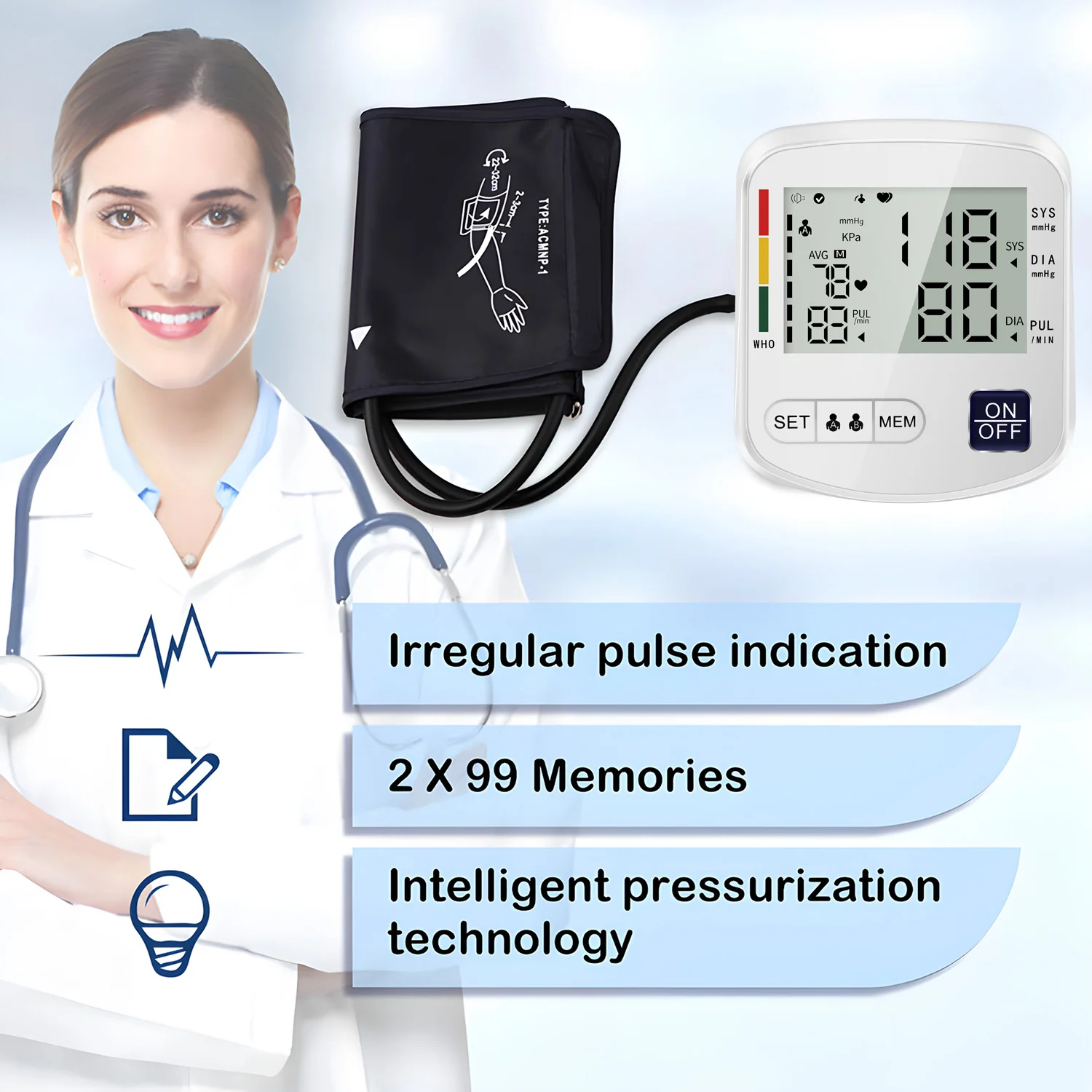 Automatic Digital Arm Blood Pressure Monitor Sphygmomanometer Tonometer Tensiometer Heart Rate Pulse Meter BP Monitor