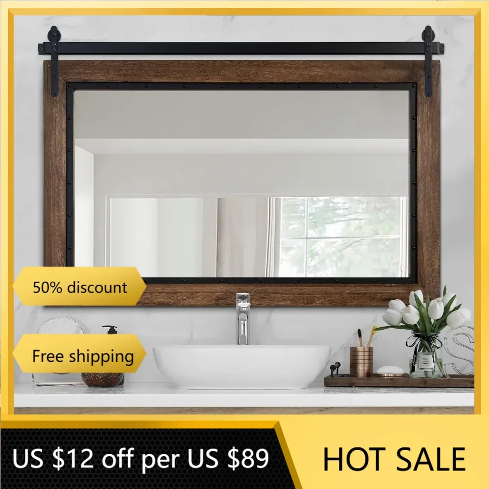 48"x30" Rustic Bathroom Mirror, Wood Frame Wall Mirror, Wooden Mirror for Living Room Bedroom Entryway Wall D&eacute;cor
