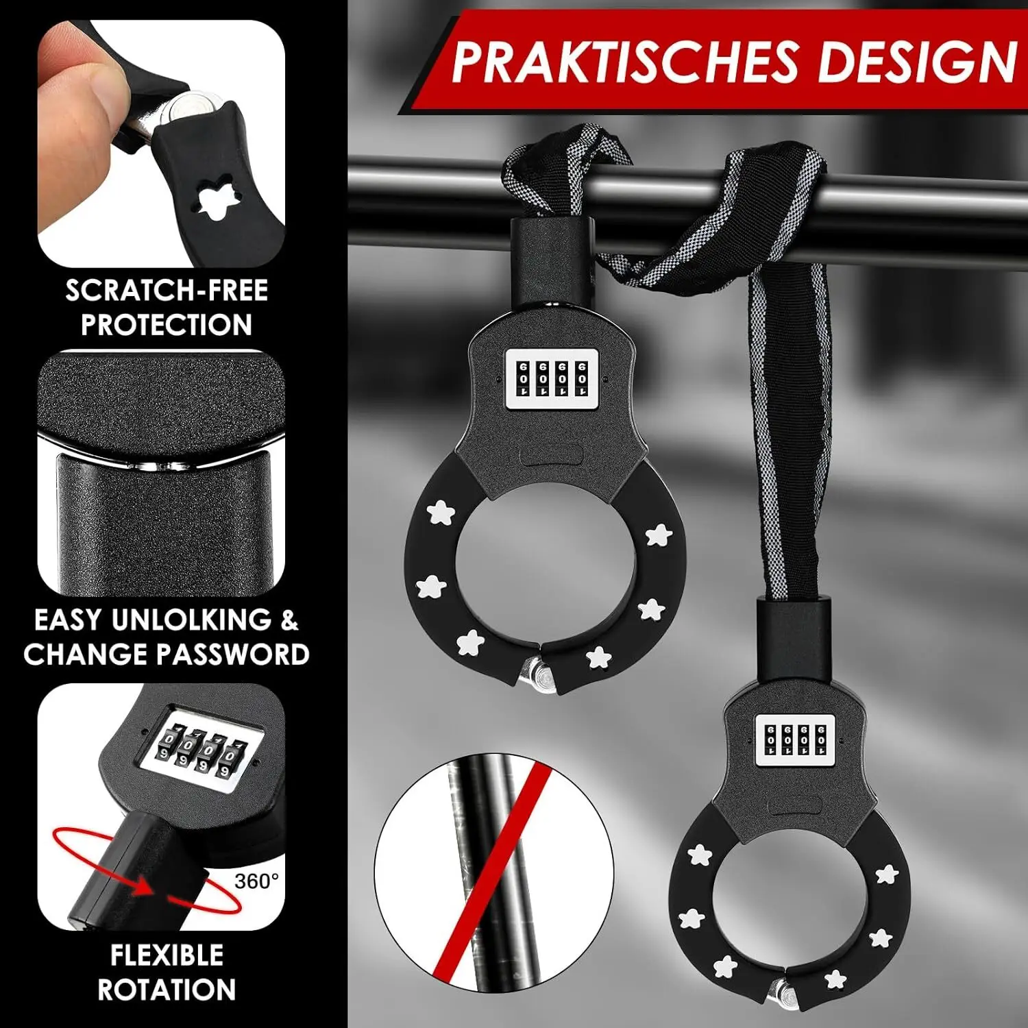 Security Locks Chain Link Handcuff Lock 93cm Lang E Scooter Lock with Combination Code w/ 3L Waterproof Bag Black