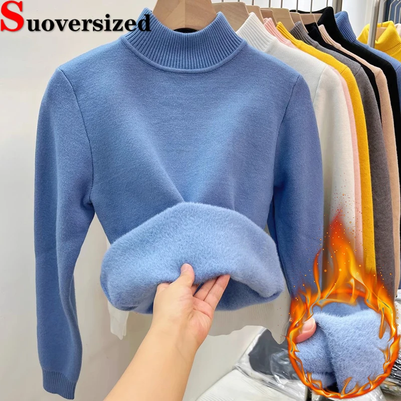 

Mock Neck Slim Plush Lining Sweater Winter Warm Women Casual Pullover Soft Long Sleeve Tops Thicken Velvet Lined Knitted Jumper