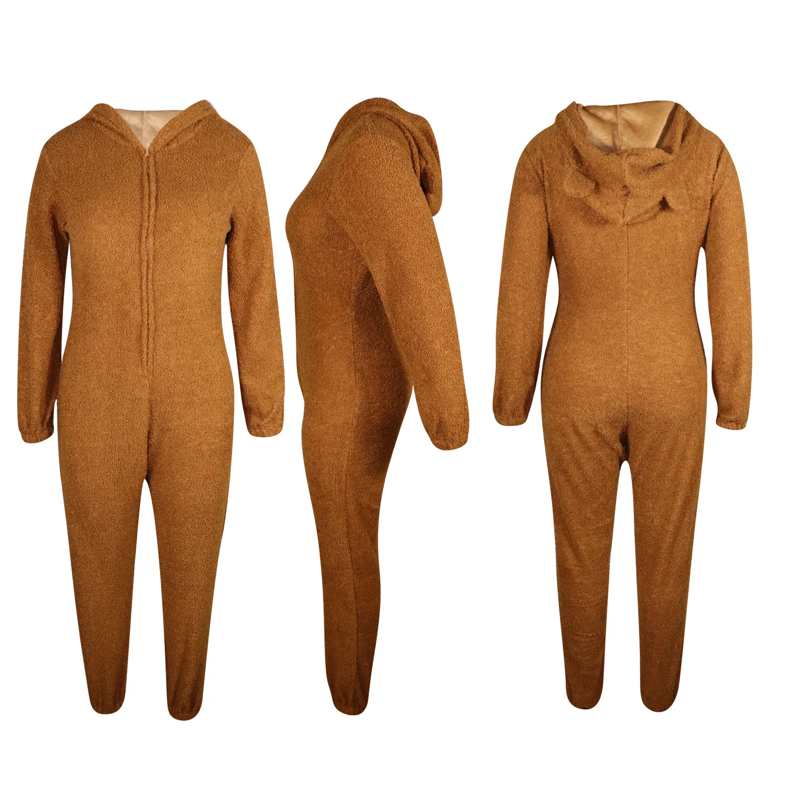 Winter Ladies Warm Clothes Plush Pajamas Jumpsuit Fashion Solid Color Zipper Women'S Plus-Size Hooded Homewear Jumpsuits