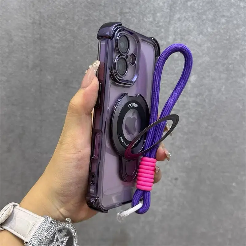 Shockproof Magnetic Bracket Phone Case with Lanyard and Plating Silicone Cover