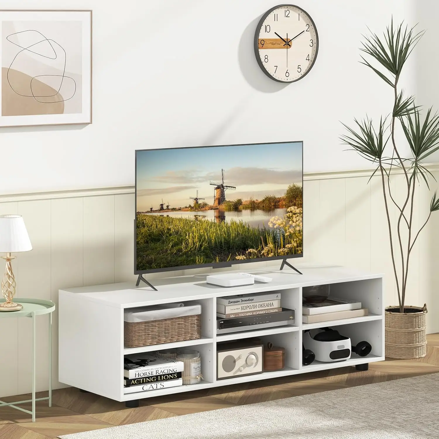 White TV Stand. Bedroom. TV up to 55". Media Center. Storage. 5-Position Shelves. Wood Console. Living Room. 6-Cubby. 45".