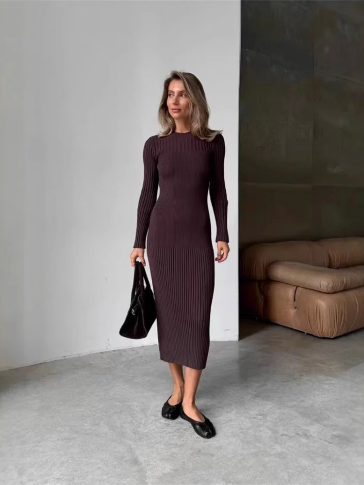 Wmstar Dress Women Wholesale Long Sleeved Autumn Winter Sweater for Knitted Round Neck Striped Solid Color Tight One Piece 2025