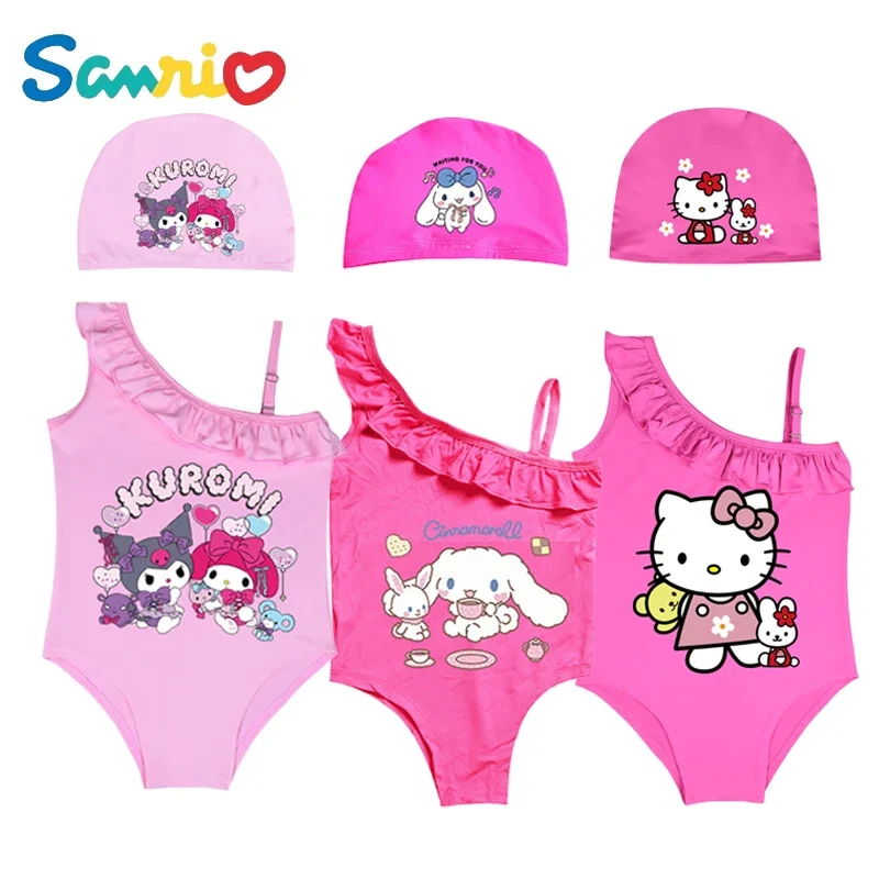 Anime Sanios Hellokittys My Melody Cinnamoroll Kuromi Kawaii Dopamine Girls Costume Da Bagno Ruffle Style Sling Kids One Piece Swimwear