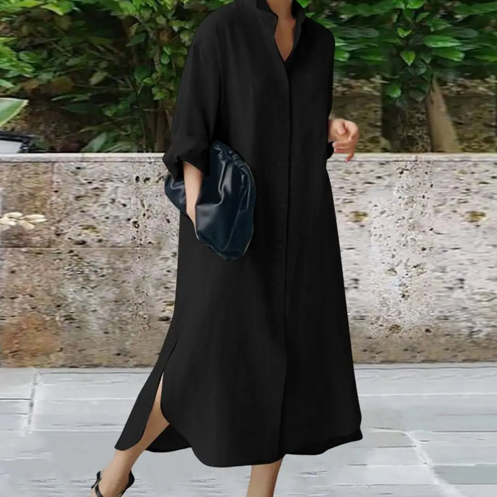 

Women Long Lapel Dress Elegant Maxi Shirt Dress for Women Stylish Irregular Hem Long Sleeve Dress Single-breasted for Spring