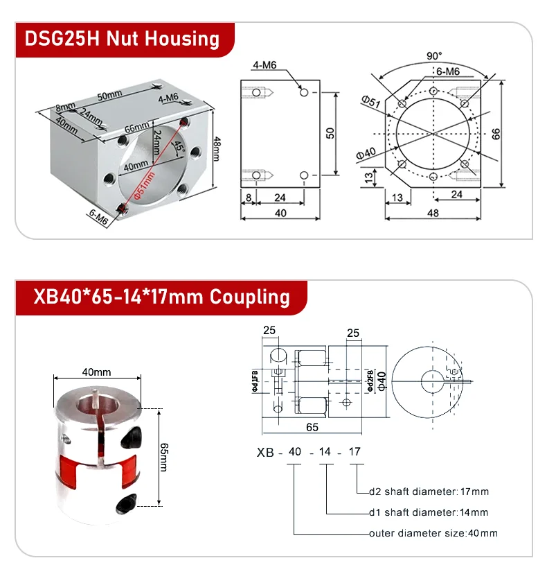SFU2504/SFU2505/SFU2510 150 mm-1150 mm Kugelumlaufspindel + DSG25H Muttergehäuse + BKBF20/EKEF20/FKFF20 + XB-Koppler 40 x 65 14 mm-17 mm – Detail 12