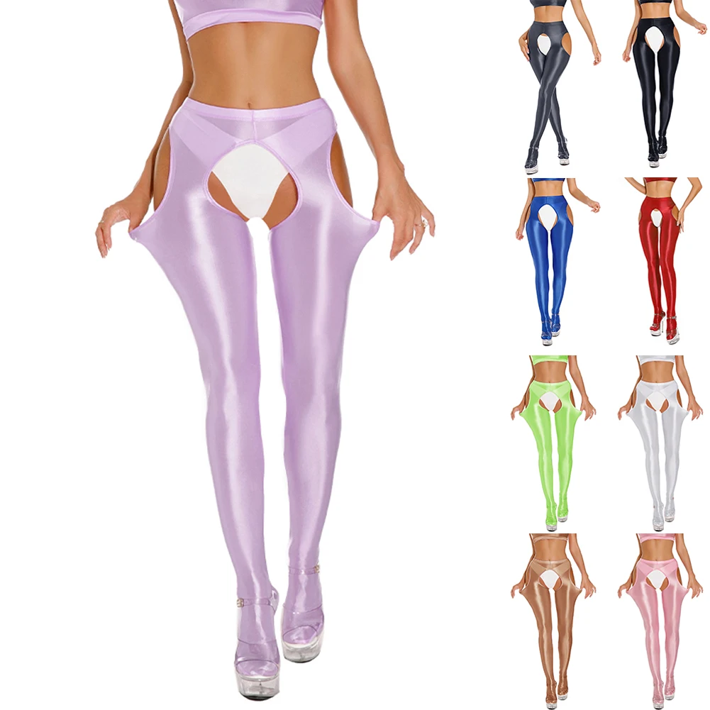 Women Sexy Leggings Hollow Glossy Shiny Sheer Stretchy Open Crotch Skinny Dance Yoga Pants Open-End Temptation Uniform Women Leggings