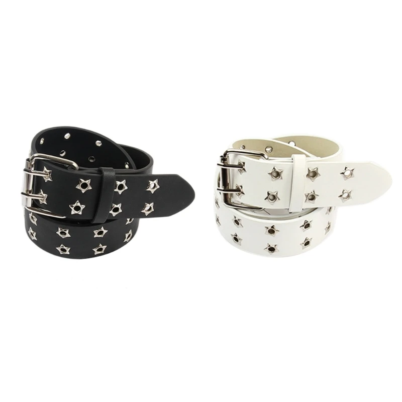 

Fashion Womens Leather Belts Double Grommet Alloy Pin Buckle 1.5" Wide Faux Leather Casual Waist Belt for Jeans Pants Dropship