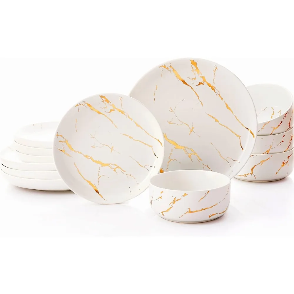 

Gold Splash Dinnerware Sets, 12-Pieces Plates and Bowls Sets, Modern Marble Porcelain, Dishes Set for 4, White