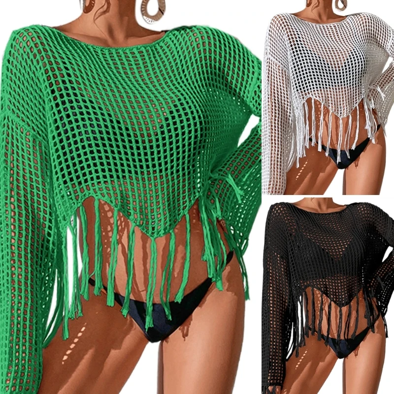 

Women Hollows Crop Top Cover-ups Swimsuit Cover Sun-Protections Beachwear Shirt