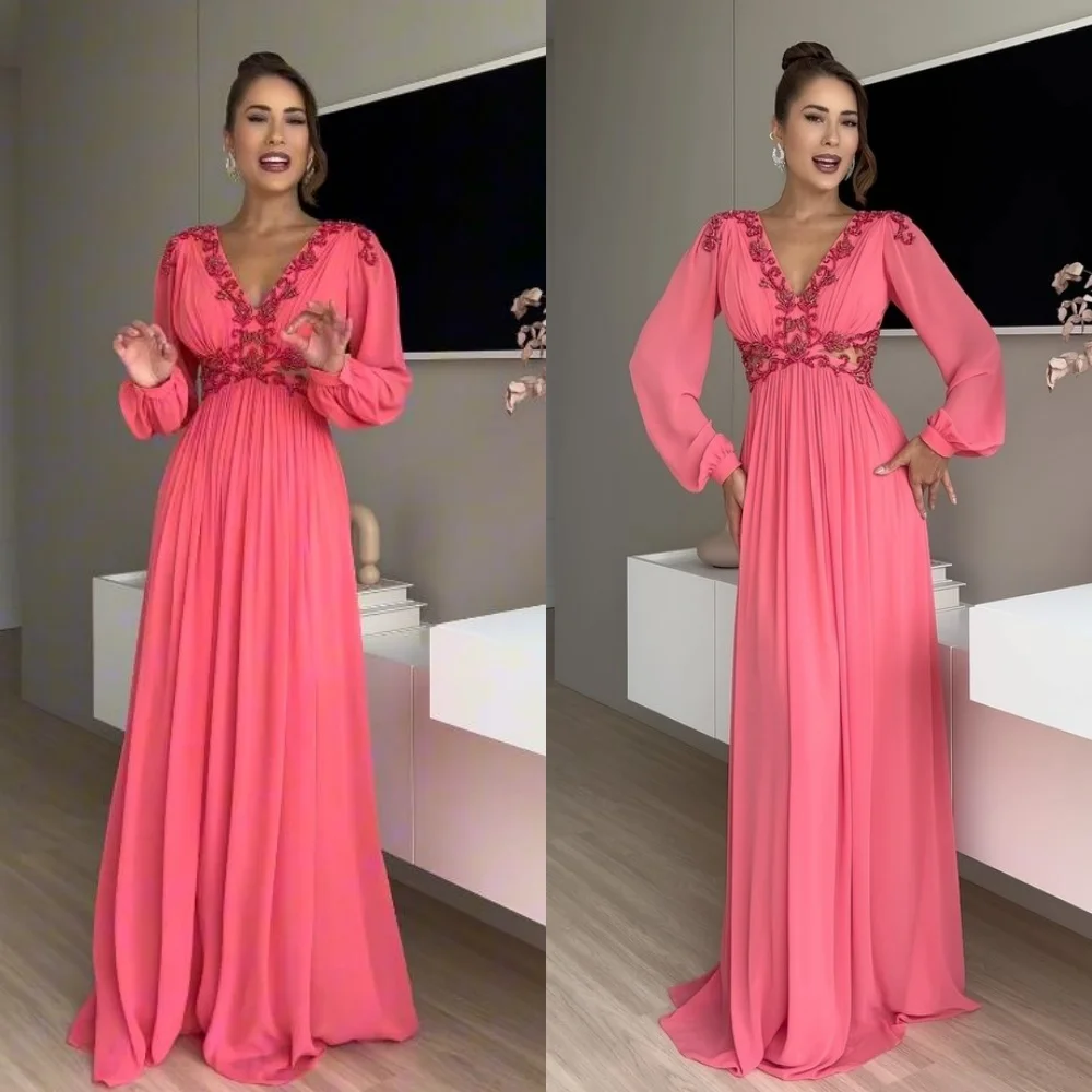 

Prom Dress Saudi Arabia Evening Chiffon Beading Draped Pleat Celebrity A-line V-Neck Bespoke Occasion Gown Long Dresses