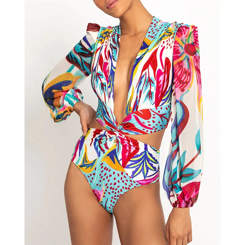 

2024 new one-piece long-sleeved bikini deep V high-waisted cut-out swimsuit women's ins one-piece swimsuit