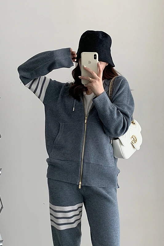TB 와플 두꺼운 정장 슬림한 4 바 후드 가디건 재킷 여성용, 캐주얼 작은 다리 스웨트 팬츠