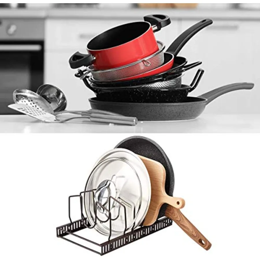 Pot Lids Organizer Rack for Cabinet and Countertop 7+ Pan Lids and Bakeware Organizer Rack Holder with 7 Adjustable Compartment