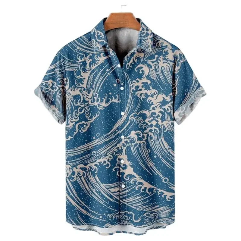 thumbnail image 1 of Camisa hawaiana de manga corta con estampado 3D de olas para hombre, informal, versátil, retro, minimalista, con solapa y botones para vacaciones en la playa, 1 of 5