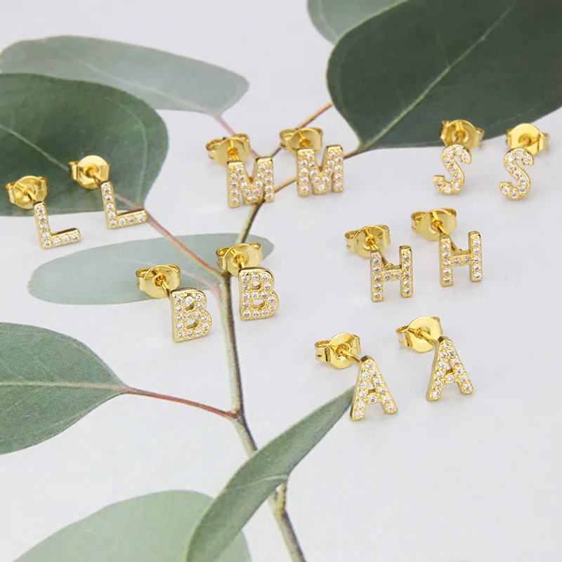 MHS.SUN Wholesale Zircon Initial Letters A-Z Stud Earrings For Women Girls Gold/Silver Color Cute Small Mini Alphabet Earrings 4