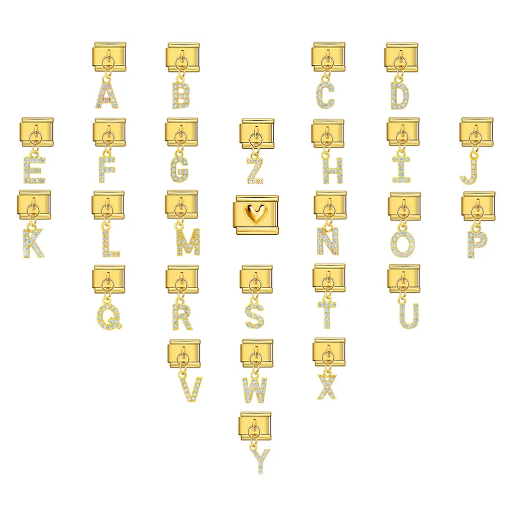 Trendiger goldfarbener Anhänger mit Zirkonia, 26 englischen Buchstaben, A-Z, italienischer Charm-Link, passend für 9 mm Edelstahl-Armbänder, DIY-Schmuckherstellung – Detail 1