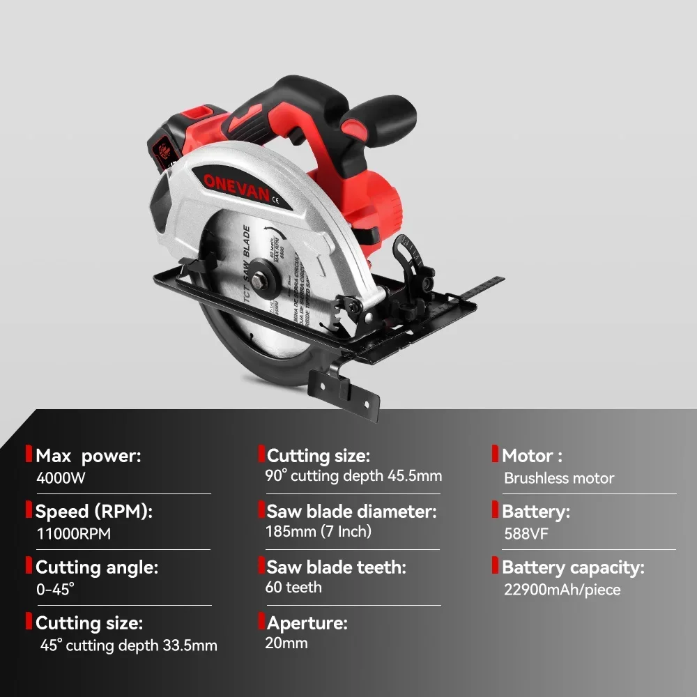 ブラシレス 7 インチ 185 ミリメートル電気丸鋸 LED 11000RPM