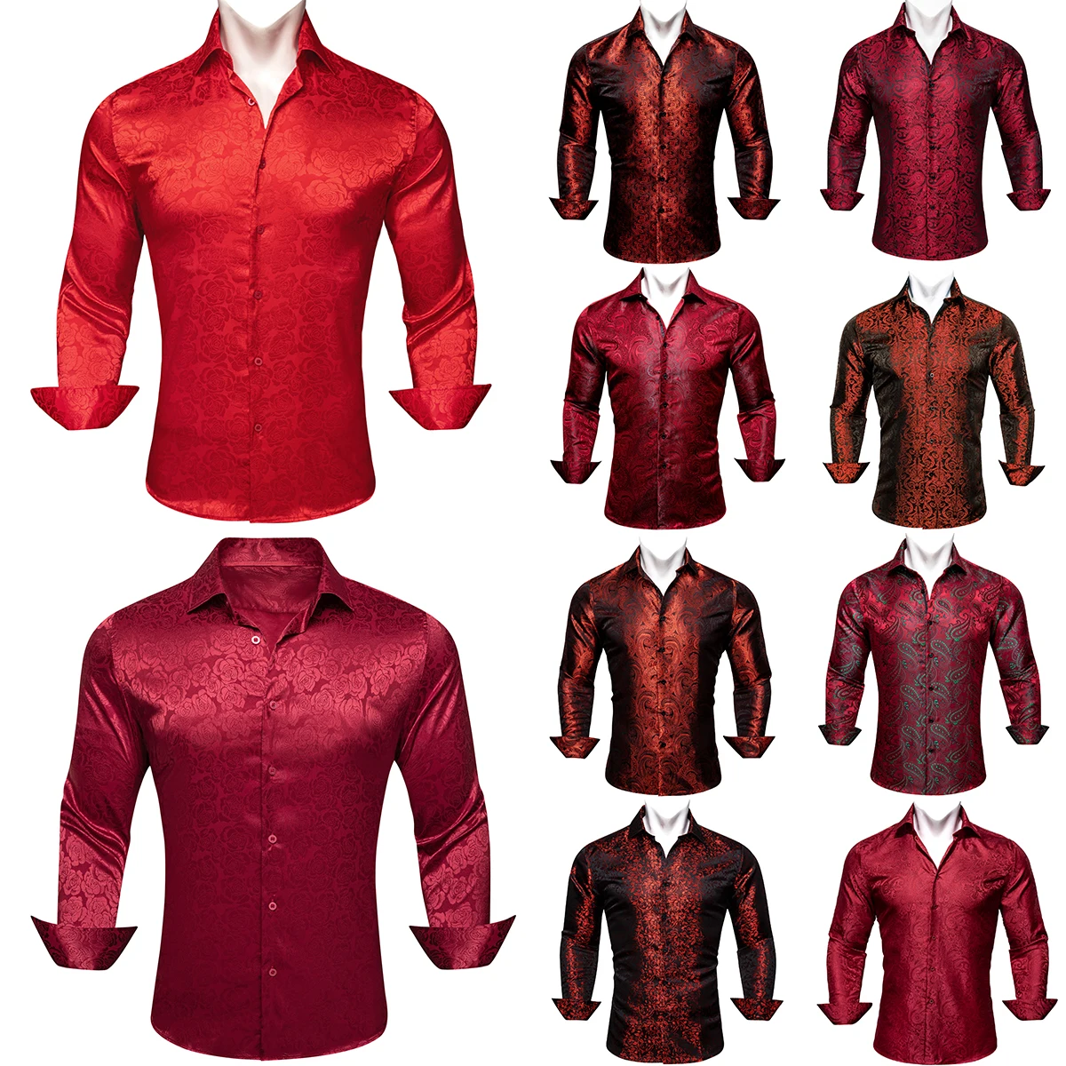 SilkShirtsforMenRedBurgundyPaisleyFlowerLongSleeveSlimFit