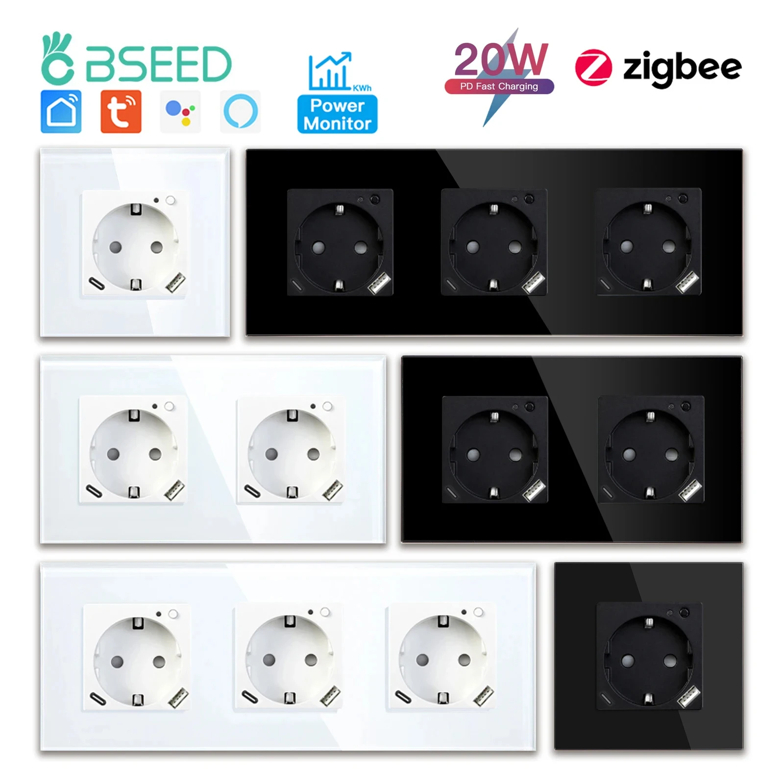 Умная розетка BSEED Zigbee, стеклянная розетка с монитором мощности, USB Type-c, портами 20 Вт переменного тока, поддержкой Alexa и ЕС