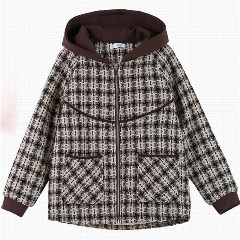 

Женское повседневное шерстяное пальто, свободная клетчатая куртка с капюшоном, флисовая утепленная верхняя одежда, осень-зима 2024