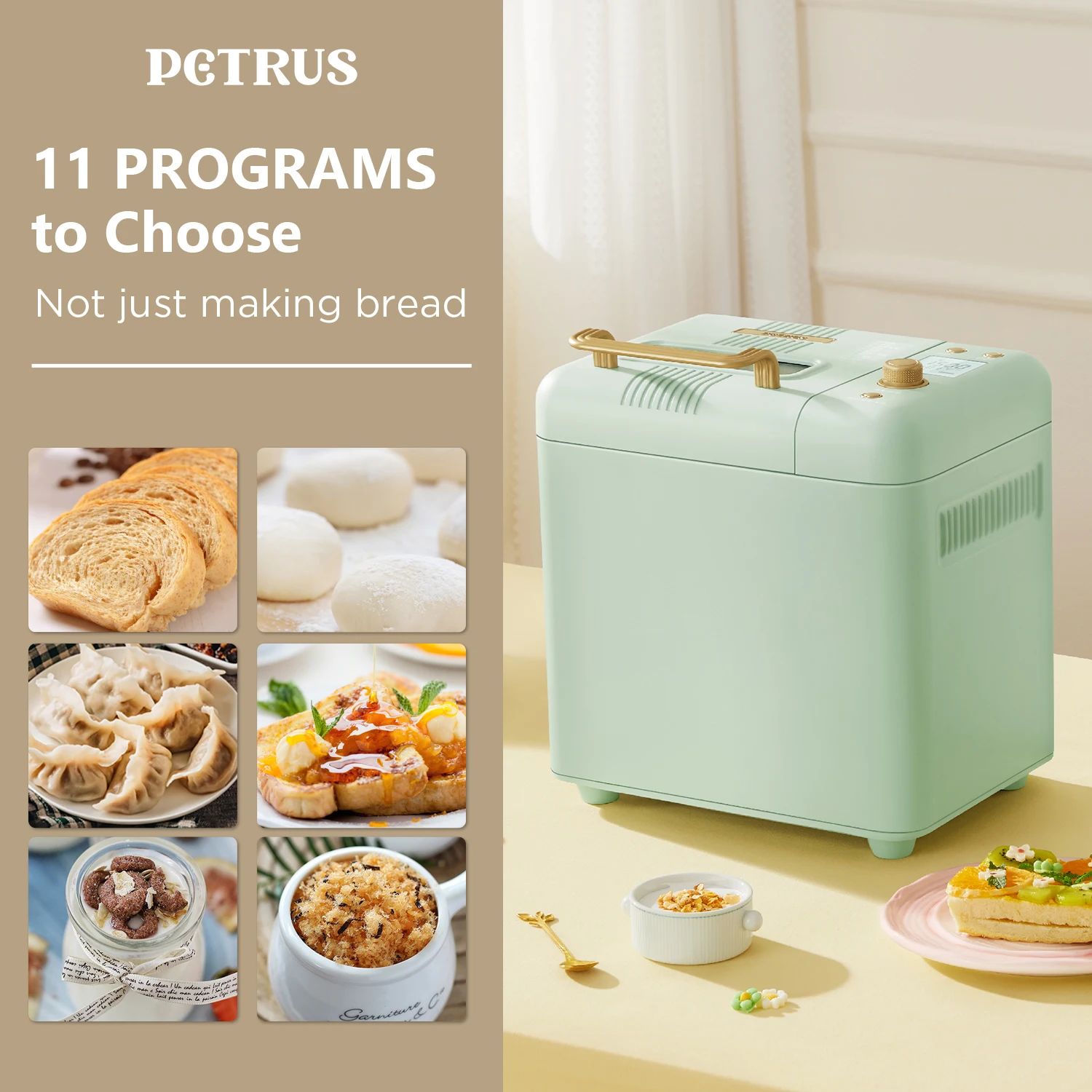 

Petrus Automatic Bread Maker Machine,Customizable Settings,Ice Cream IMIX,Auto Fruit Nuts Dispenser,2 Loaf Size PE8899