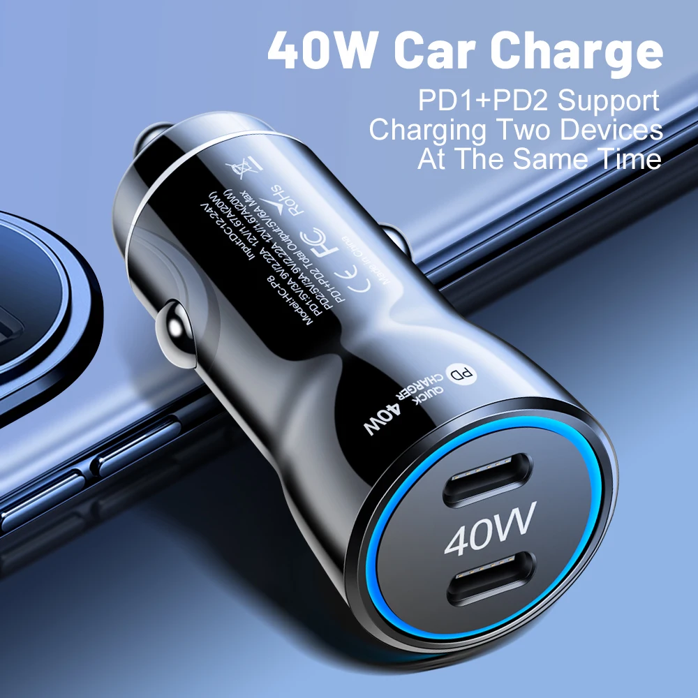40W Dual PD Car Charger Type C Fast Charging USB C Phone Charger For iPhone 15 Samsung Xiaomi Huawei Quick Charging Car Adapter