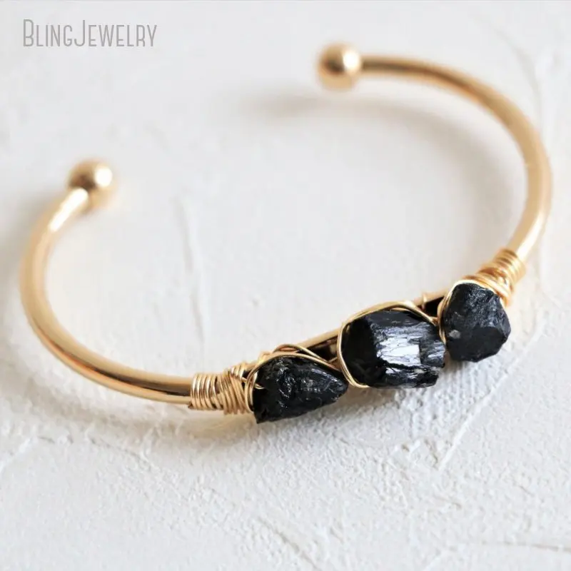 10pcs Gold Color Stainless Steel Cuff Raw Black Tourmaline Bangle Bracelet Women Triple Jet Stone Luxury Jewelry