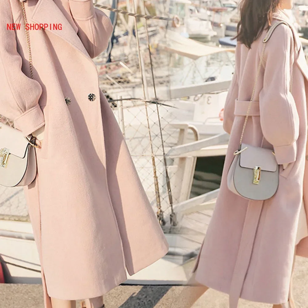 New Woolen Coat Beige Long Thick Female Fashion Pink Belt Elegant Autumn Winter Women Casual Lantern Sleeve Slim Wool Jacket
