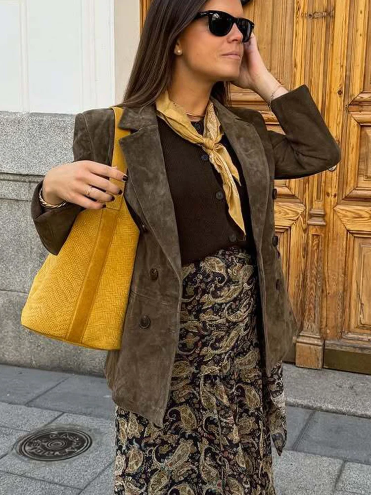 Women's Double-Breasted Blazer Stylish Lapel Collar Casual Versatile Jacket Top Fashion Ladies Office Commuting Suit Coat