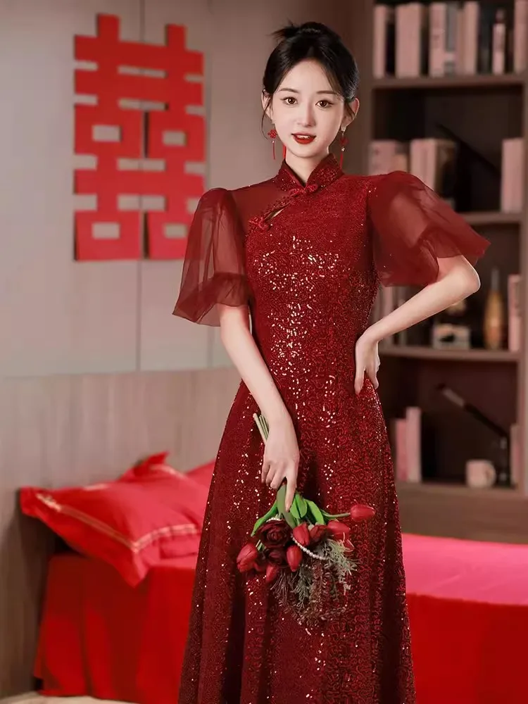 

Yourqipao Chinese Cheongsam Wedding Toasting Dress Women Bridal Engagement Evening Dresses Sequined Prom Gowns Reception Qipao