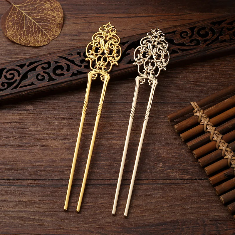 

Chinese Ancient Style Straight Hairpin Versatile Electrophoretic Electroplating U-shape Hairpin Creative Hollow Hair Accessories