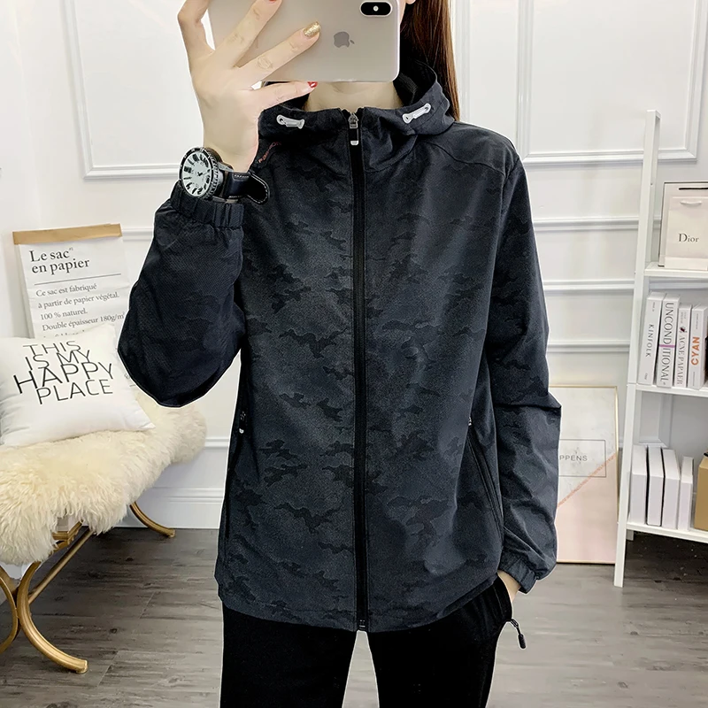 Spring Autumn Women's Hooded Solid Pockets Zipper Shirring Camouflage Long Sleeve Cardigan Coats Fashionable Casual Loose Tops
