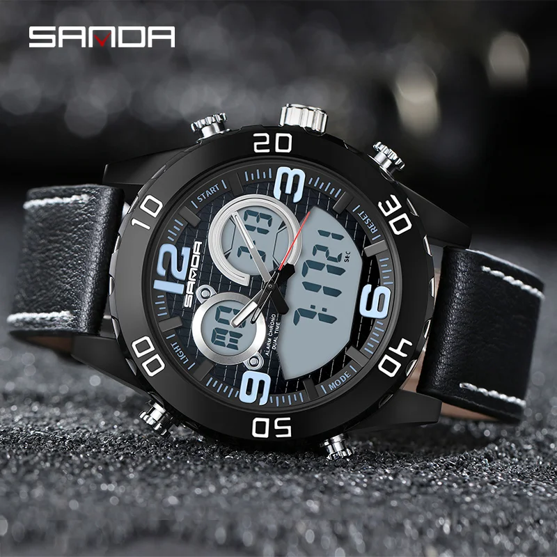 SANDA Watch Luxury Mens Multifunctional Dual Display Watches Sports Chronograph Luminous Alarm Clock Military Watch For Men 772