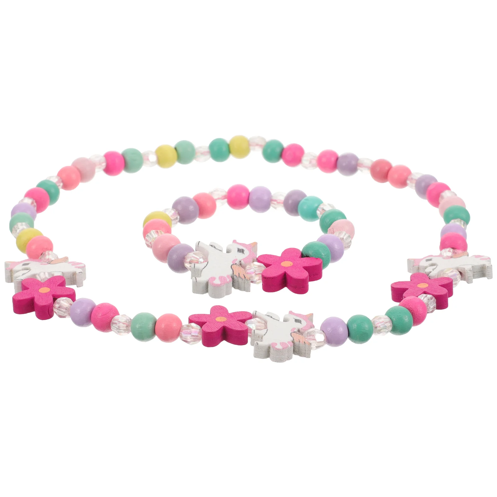 

Flower Beads Necklace& Bracelet Set, Wooden Colorful Necklace Bracelet, Wooden Beads Necklace Dress for Little Girl Toddlers