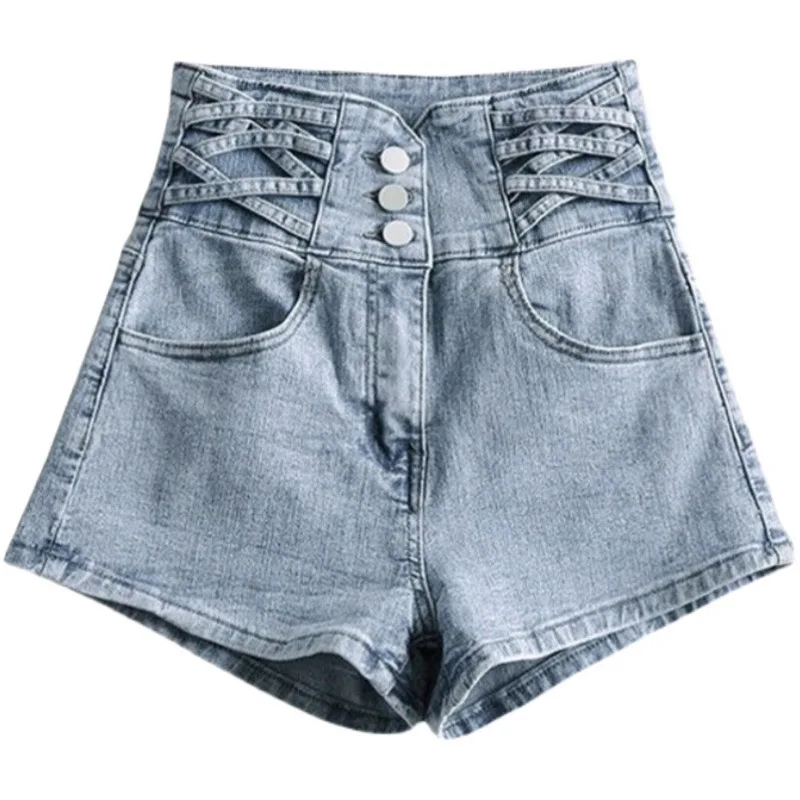 Shorts Women Summer High Waist Denim Criss-cross Design Korean Hot Girls Simple All-match Popular Retro A-line Slim Chic