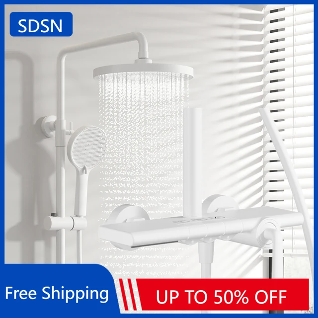 ชุดฝักบัวอาบน้ำแบบเปียโน สีขาวทองด้าน พร้อมก๊อกน้ำทองเหลืองแบบน้ำตก น้ำร้อนน้ำเย็น 1