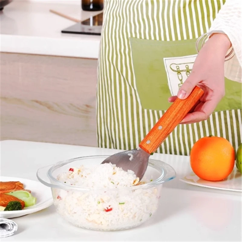 304 Stainless Steel Rice Spoon Wooden Handle Kitchen Shovels Thick Anti-scalding Mixing Spoons Table Service Non-stick