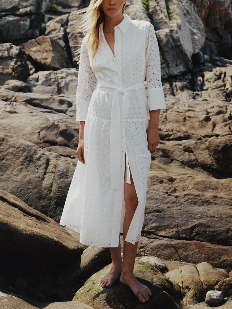 

Midi Dress For Women 2023 Long Sleeve Boho Cutwork Embroidery White Dress With Belt Lapel Collar Front Button Up Shirt Dress