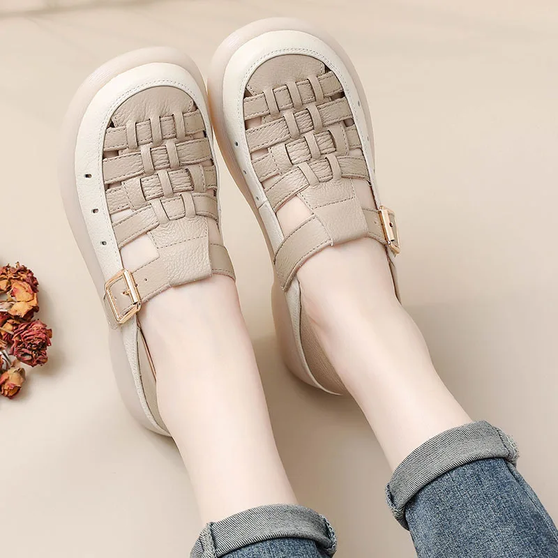 Handmade woven flats women's low heels shoes genuine leather loafer mother comfort T strap shoes woman autumn buckle flats wide