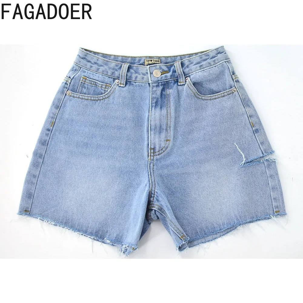 FAGADOER Blue Casual Straight Loose Denim Shorts Women High Waisted Button Hole Hollow Shorts Jean Female Solid Matching Bottoms