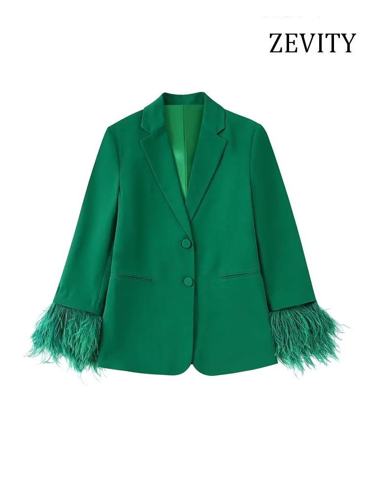 Zevity Women Fashion With Feathers Front Buttons Blazer Coat Vintage