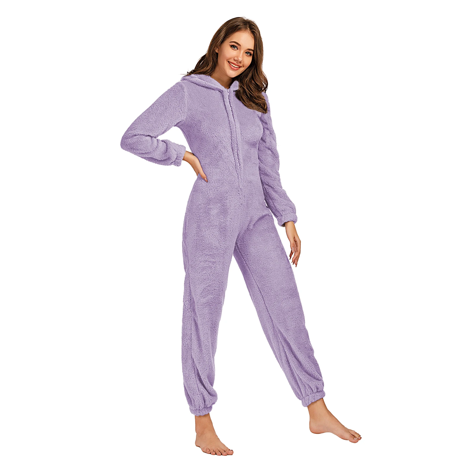 Flannel Pajamas Onesies Solid Color Fleece Parent-Child Suit Long Sleeve Family Pajamas Winter Warm Round Neck Zipper Hooded Home Wear